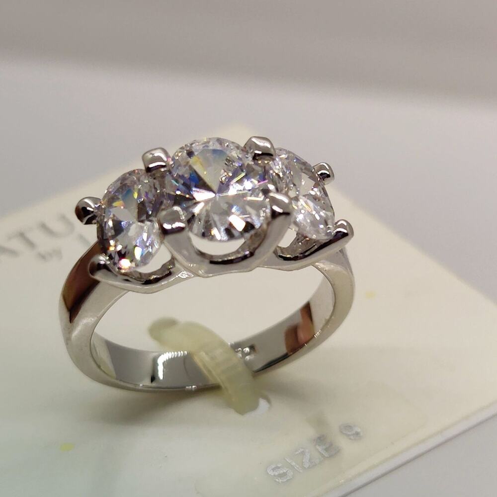 3 Oval Cut Cubic Zirconia Stones Silver Tone Ring Size 9 Signatures by J Anthony